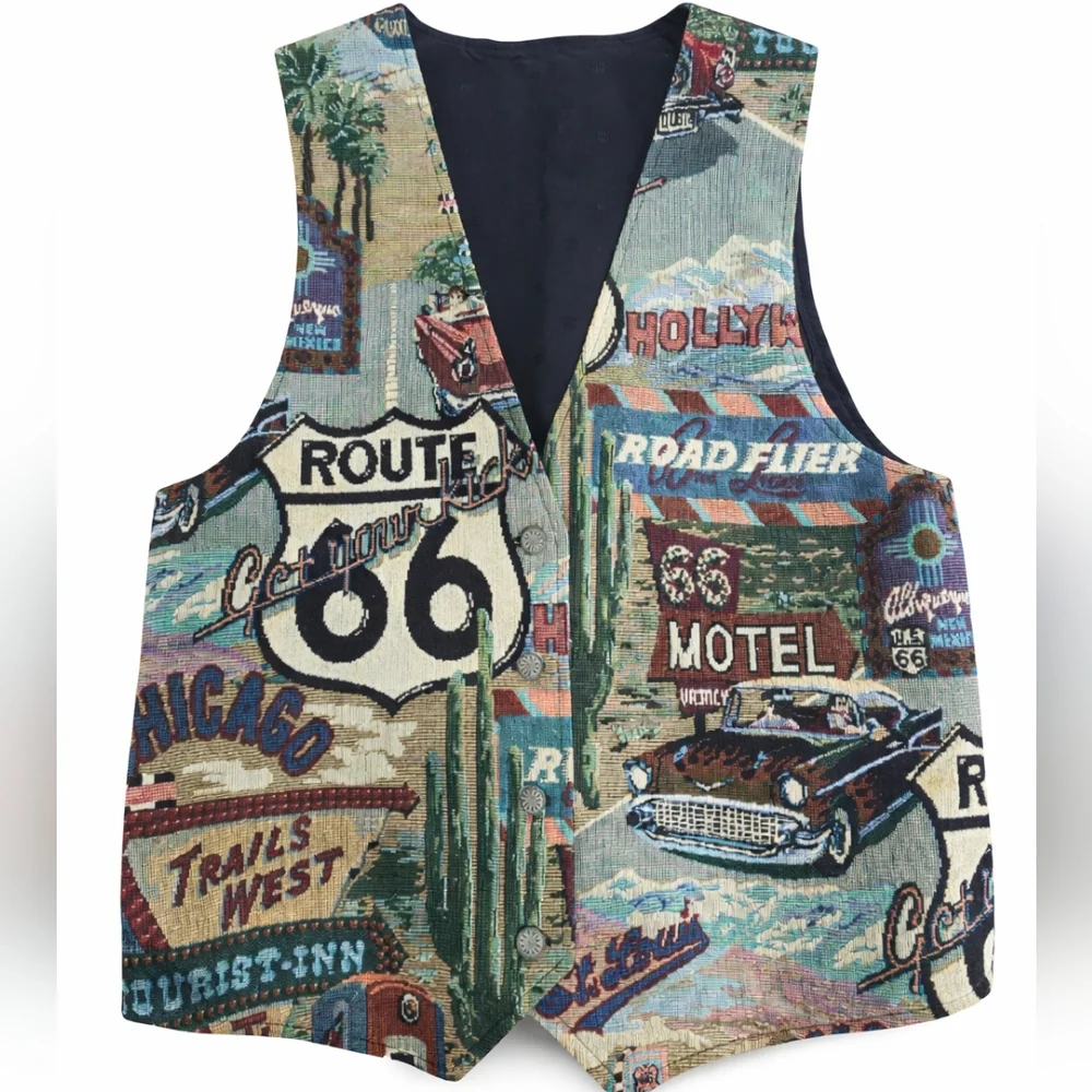 Vintage Route 66 Tapestry Vest Americana Western Desert Road Trip Motel Large - Picture 2 of 8